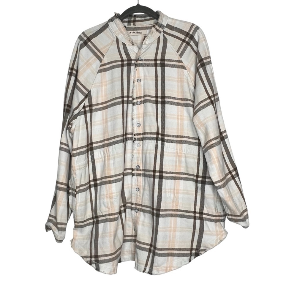 We The Free Tunic Top Womens Size S Cream Plaid Flannel Oversized Pockets